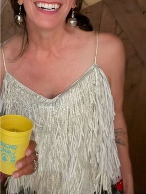 Australian Designer: FLANNEL Fringe V-Neck Spaghetti Strap Tank Top - Cream